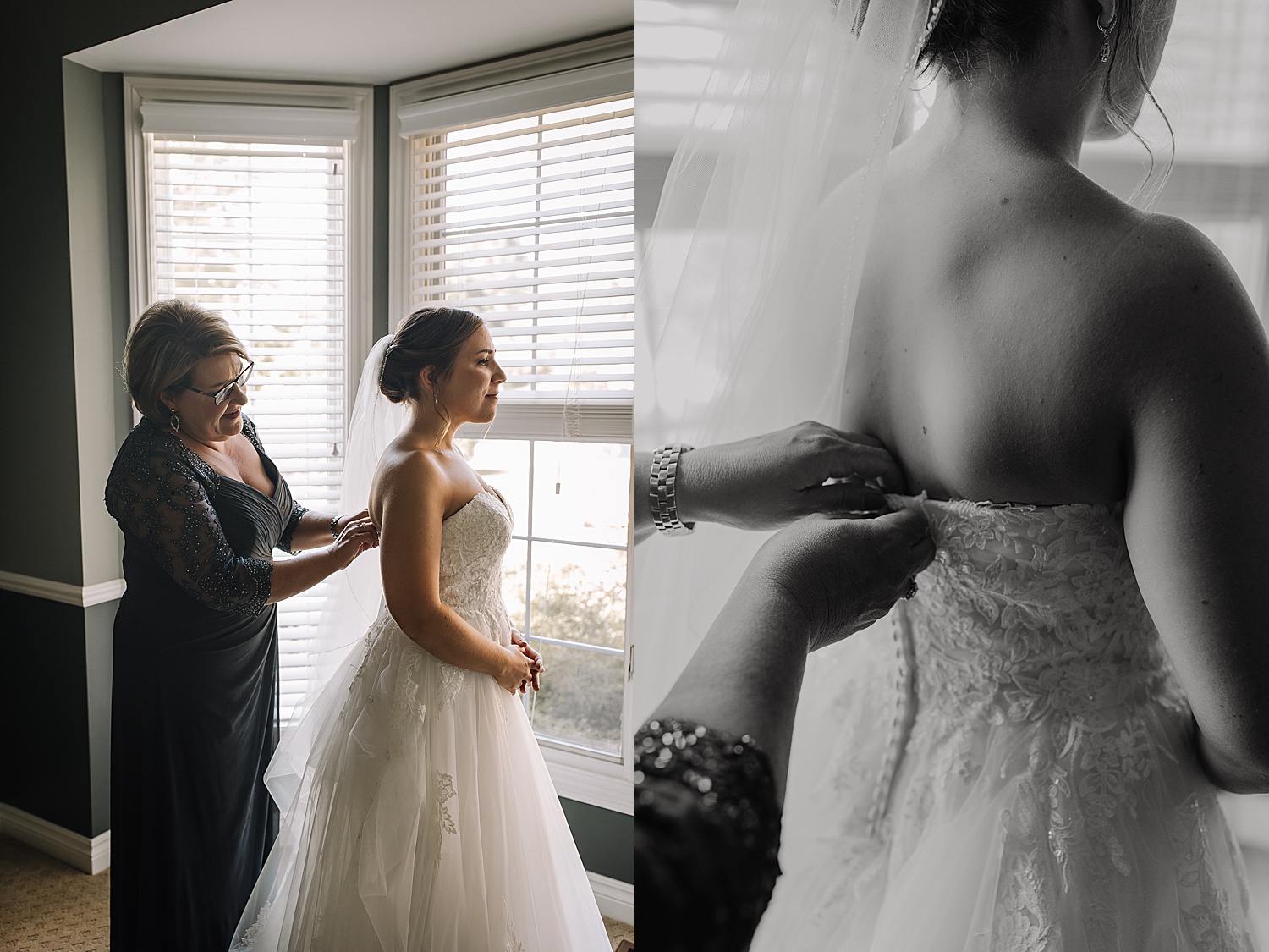 mother of bride finishing details with almost married woman with Detroit wedding photographer