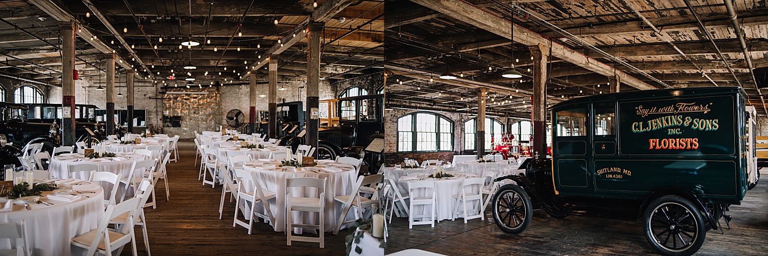 ballroom of ford piquette plant in Michigan getting ready for wedding reception 