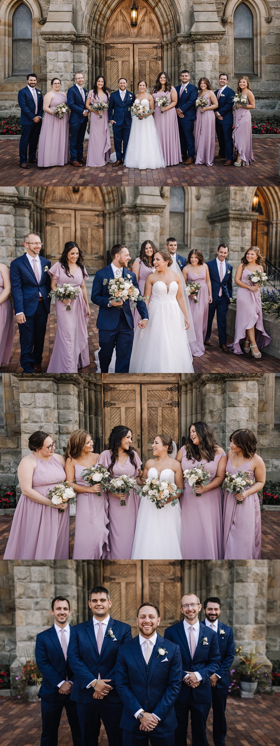 bride and groom with bridesmaids and groomsmen standing in front of wedding church 
