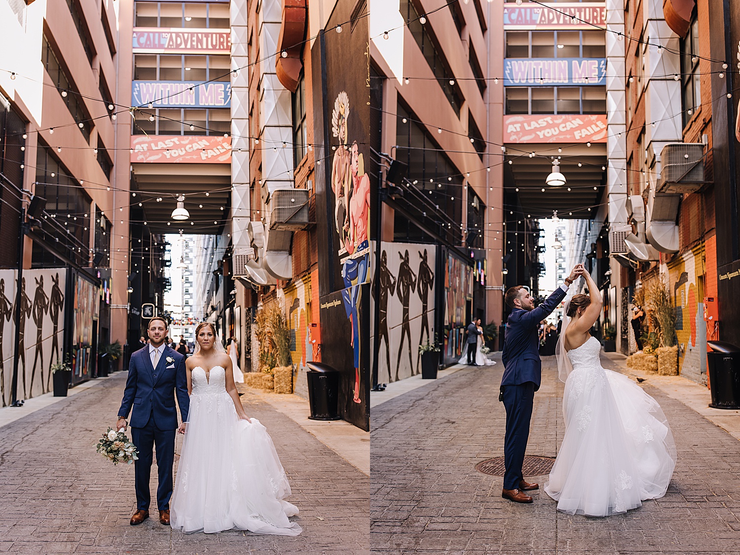 groom twirling bride and standing outside ford piquette plant while wearing blue suit and wedding dress 
