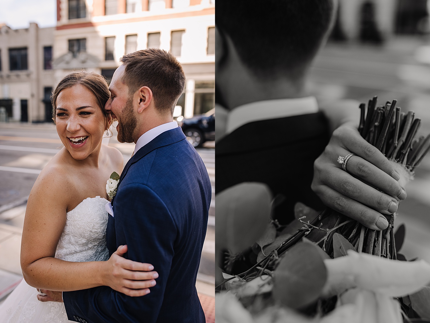 bride shows off diamond engagement ring while holding her bouquet wrapped in her grooms arms 