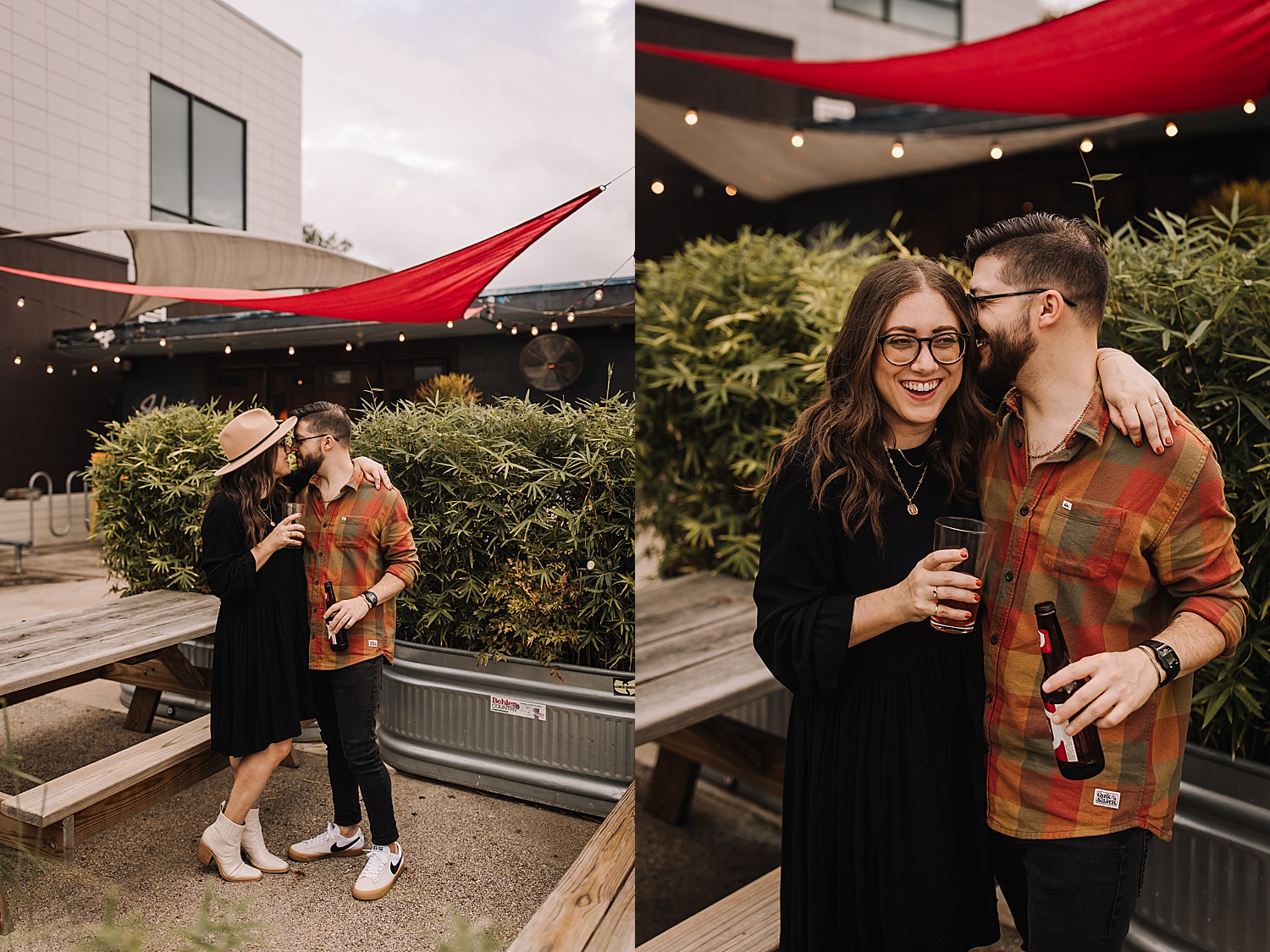 couple standing and laughing on outside patio of restaurant with engagement photographer 