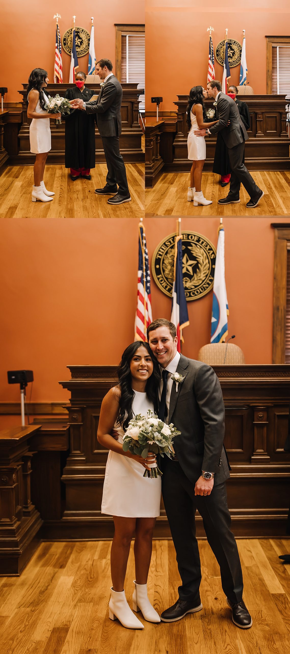 bride and groom share first kiss after getting married at historic courthouse 