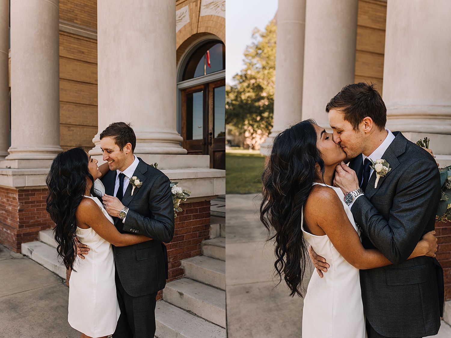 bride and groom share kiss on courthouse steps 