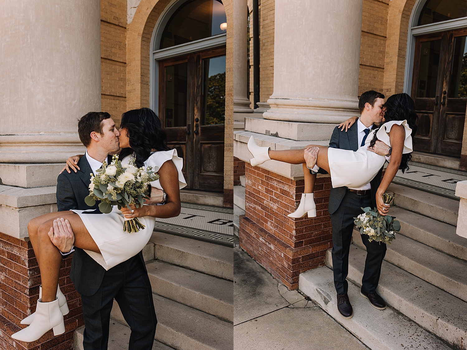 bride and groom on the steps of historic courthouse on wedding day 