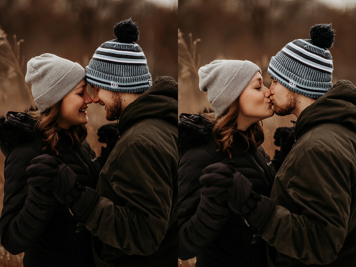 Engaged couple kids while wearing beanies and winter coats during a snowy session