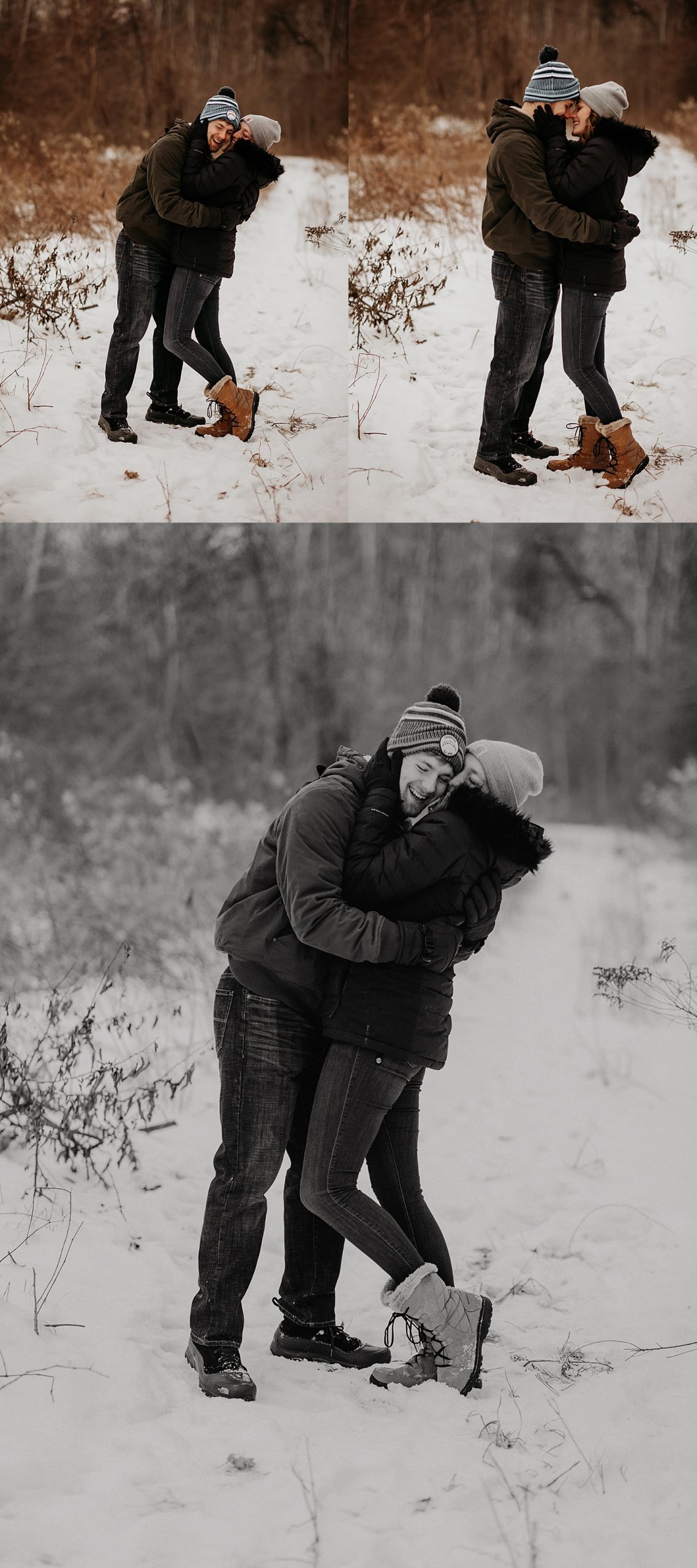 Engaged couple cuddles up during snowy engagement session with Detroit photographer