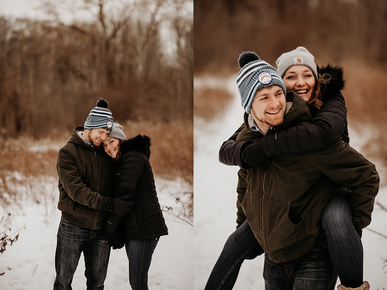 Piggy back ride during snow we engagement session while couple wears beanies and winter coats