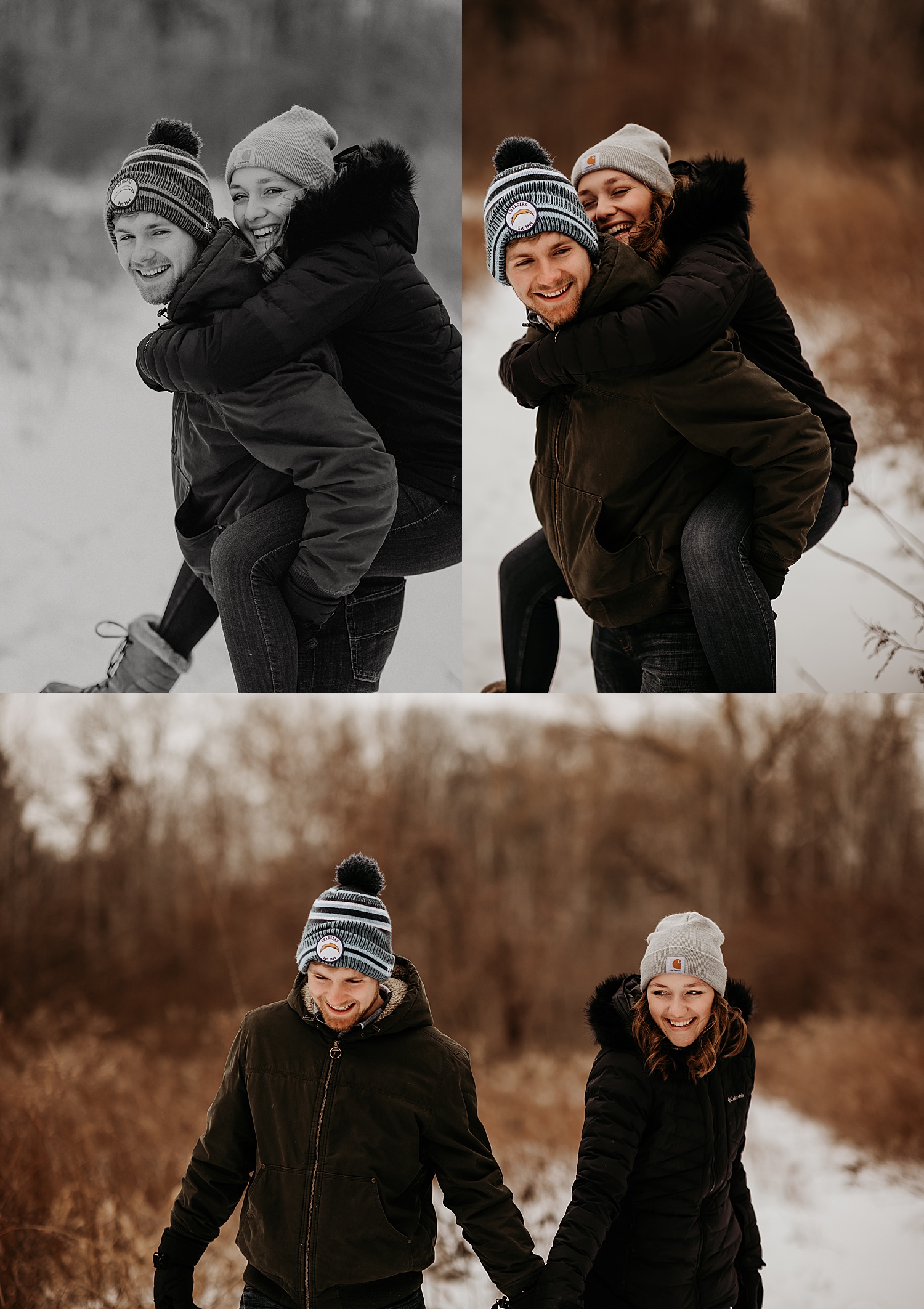 Newly engaged couple giving piggyback rides running in the snow with Detroit wedding Photographer