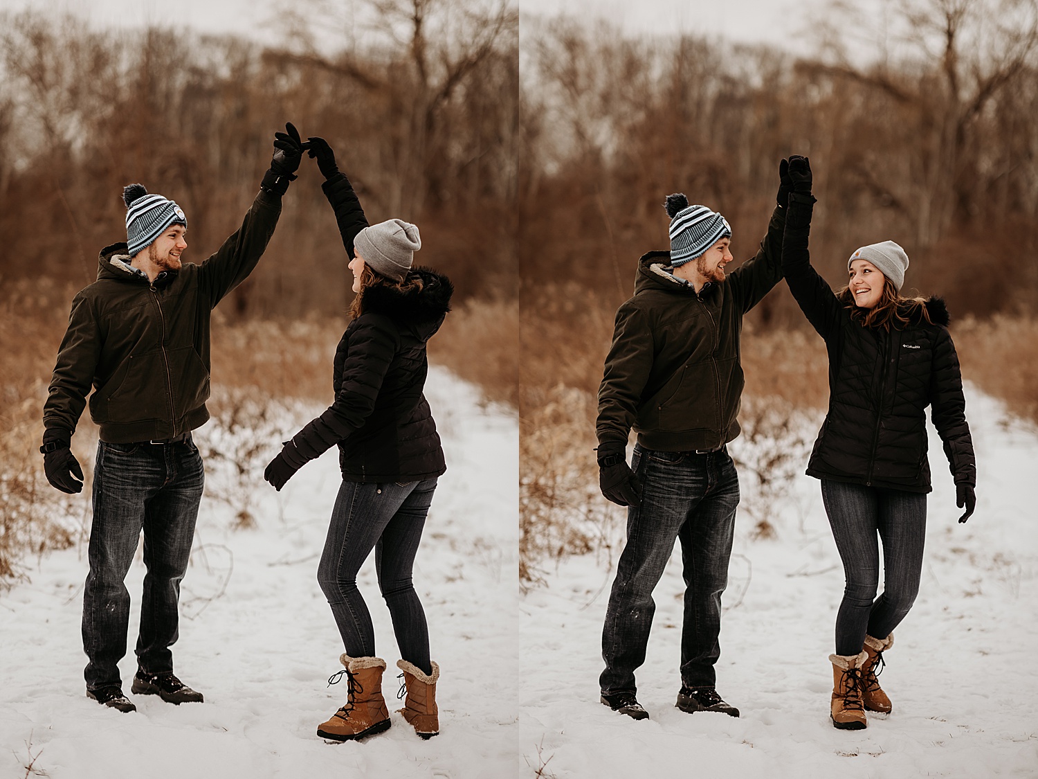 Couple wears winter boots and jeans with winter coats and mittens during snowy engagement session