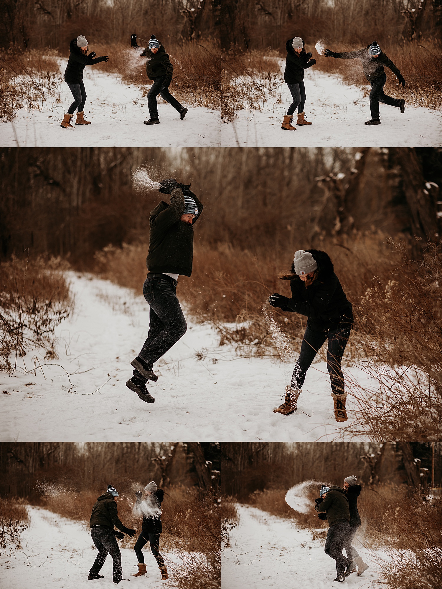 Engaged couple has snowball fight during snowy engagement session during Michigan winter