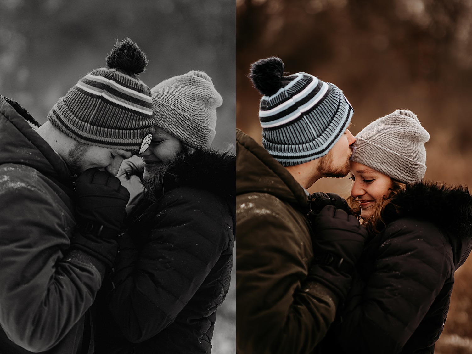 Engaged man gives forehead kisses to fiancé during snowy engagement session