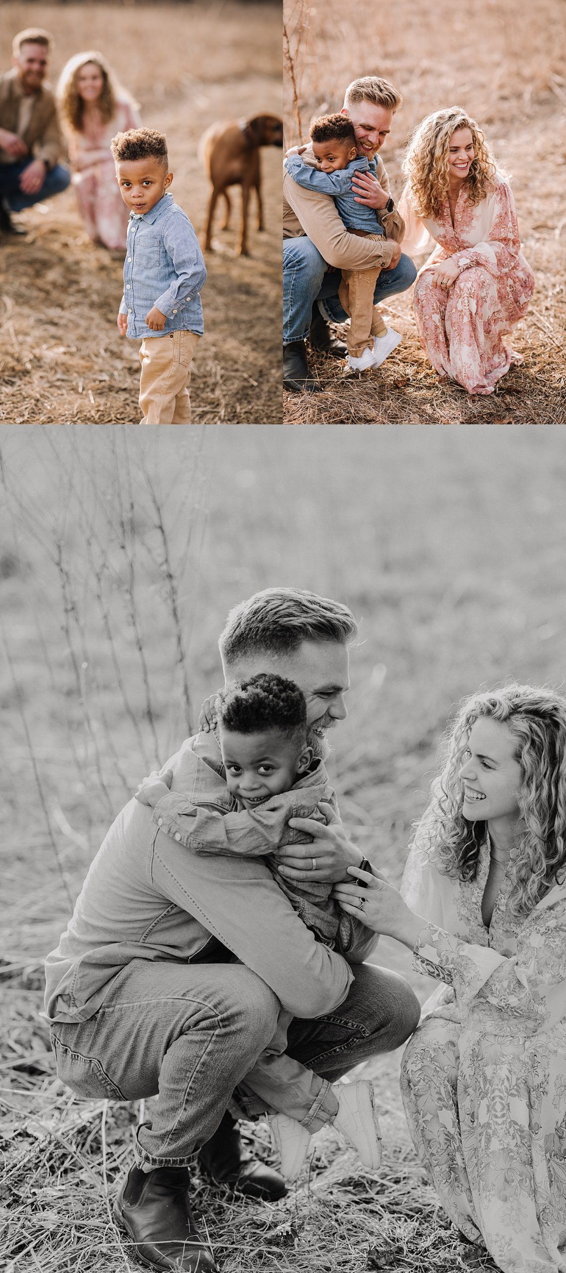 family gives hugs during Michigan family session wearing long dress in golden field 