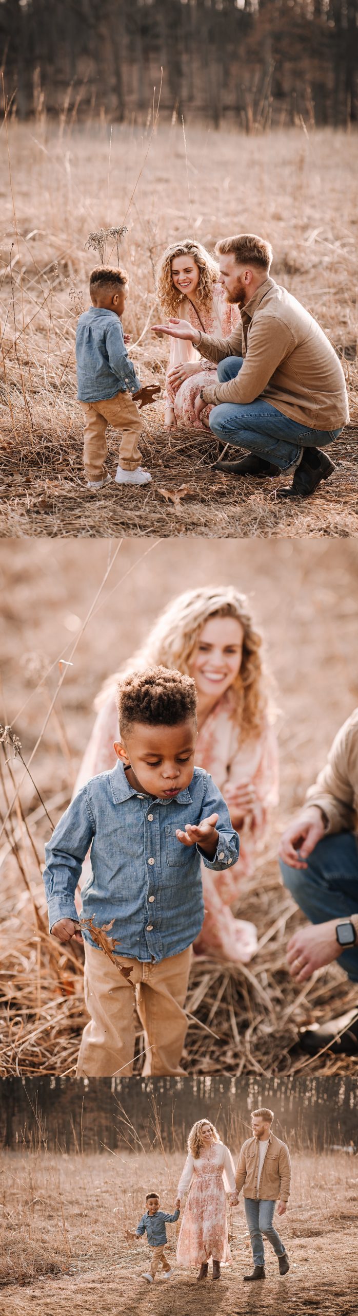 parents and son run through golden field during Ann Arbor family session 
