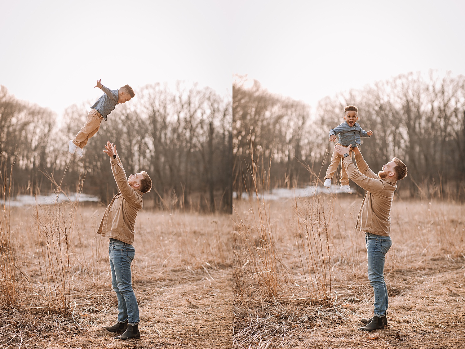 father throws toddler son in the air during Ann Arbor family session 