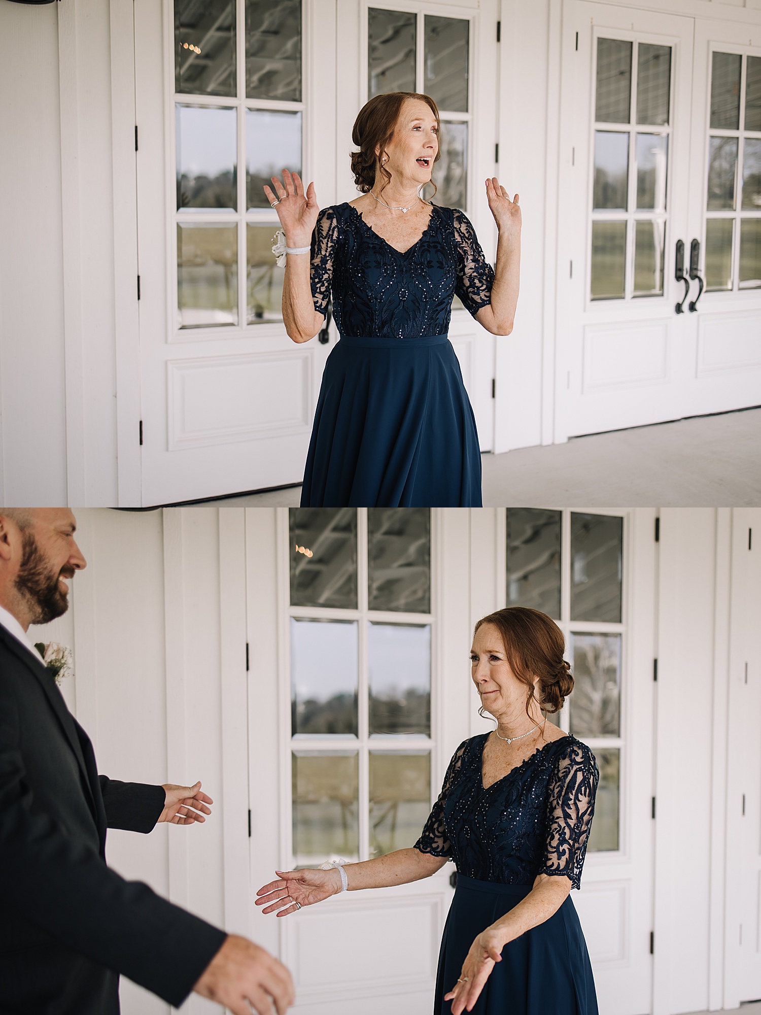Mother of the groom sees him for the first time outside of wedding venue 