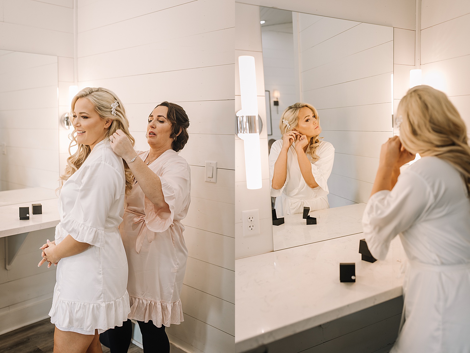 Bride getting ready facing mirror finalizing details in a white robe 