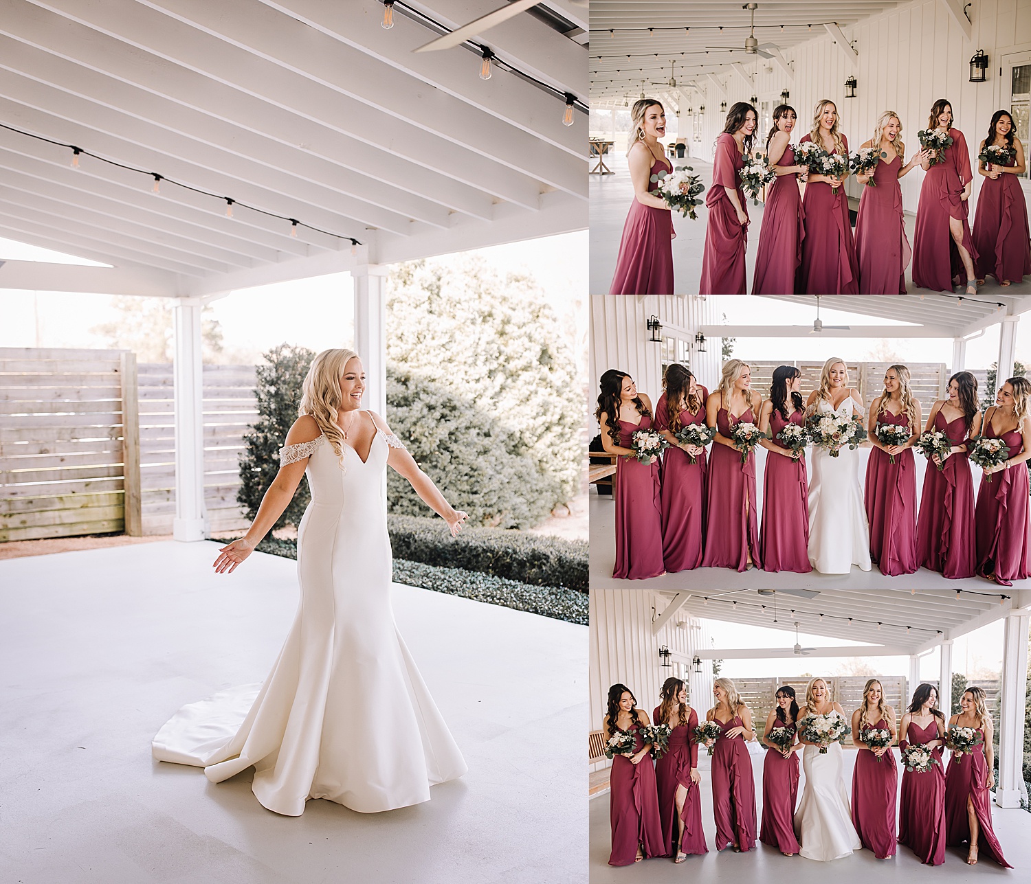 First look with bridesmaids who are wearing blush dresses 