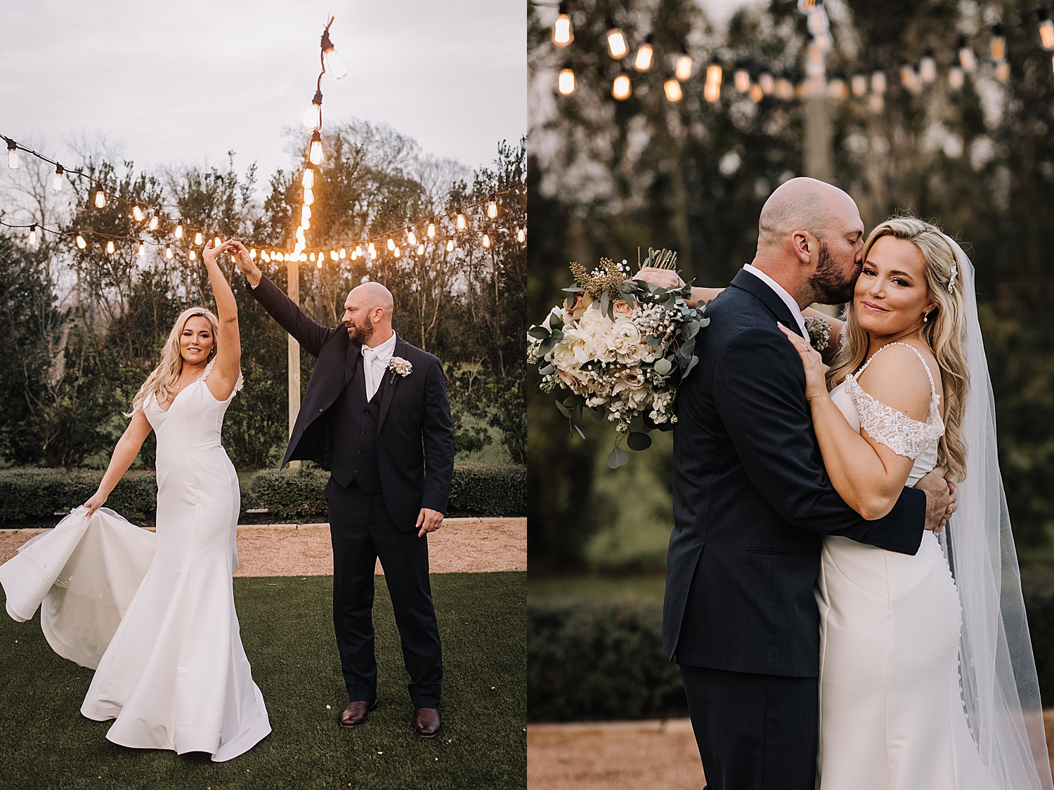 Bride and groom dance under string lights at the farmhouse wedding holding white and green wedding bouquet 
