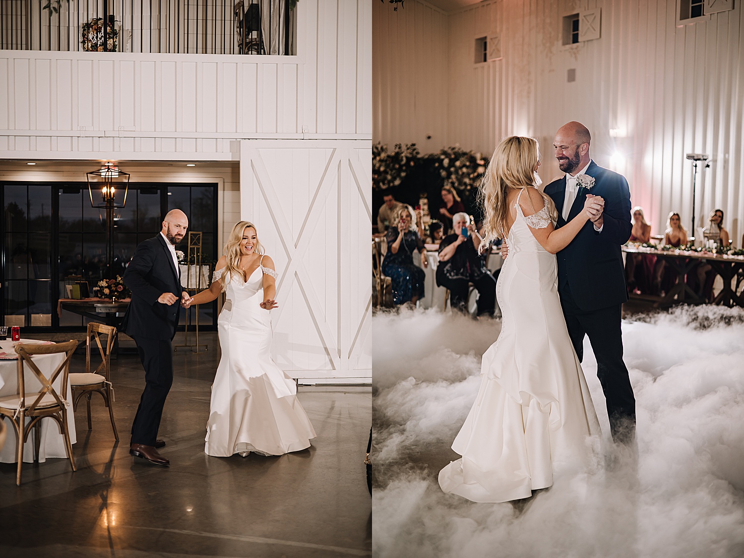 Bride and groom have grand entrance and share first dance with cloud machine