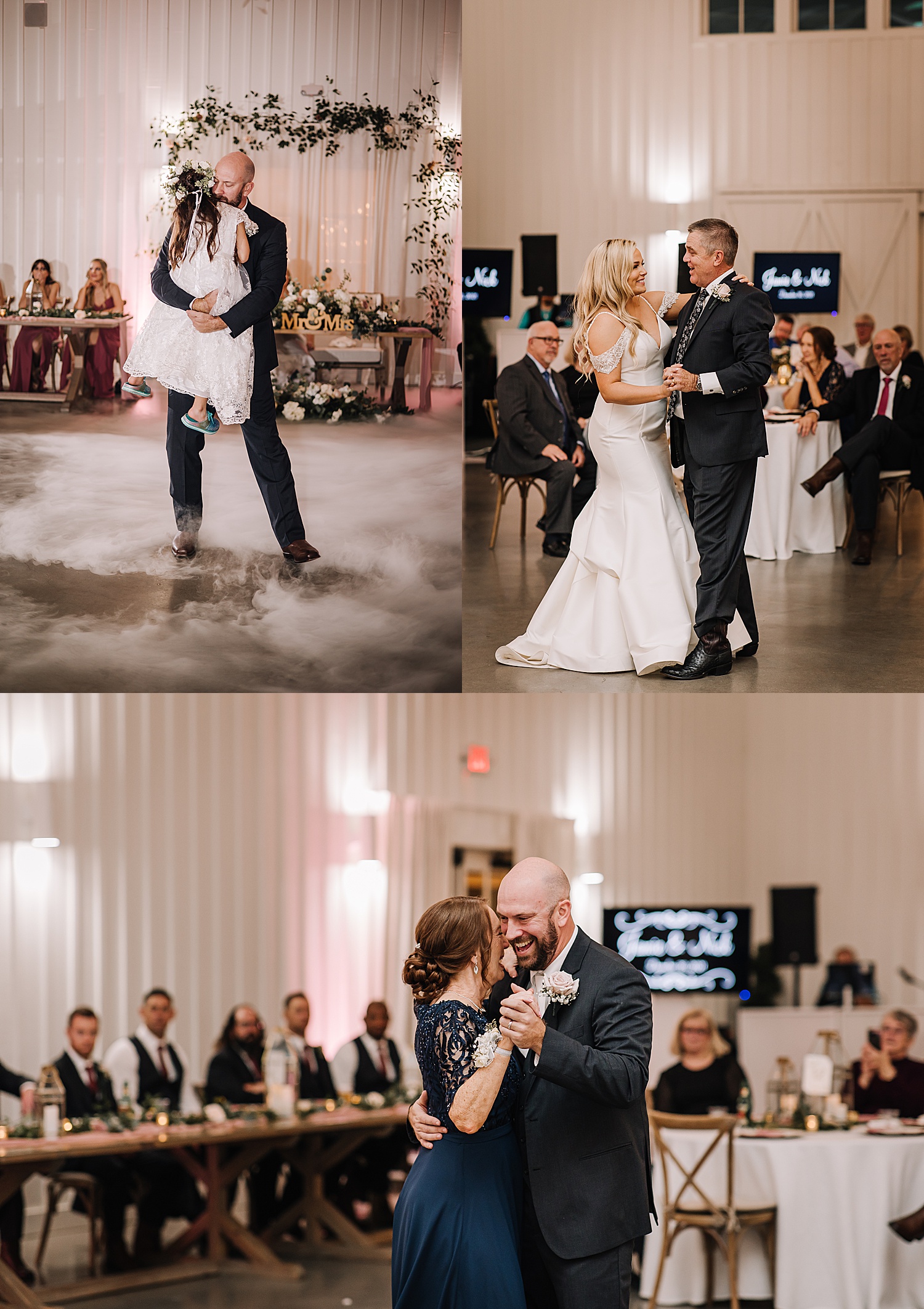 Groom shares a dance with daughter at wedding reception and bride shared a dance with her father 
