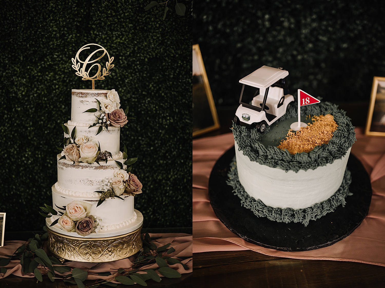 Layered wedding cake and small decorative wedding cake with golf theme and good accents 