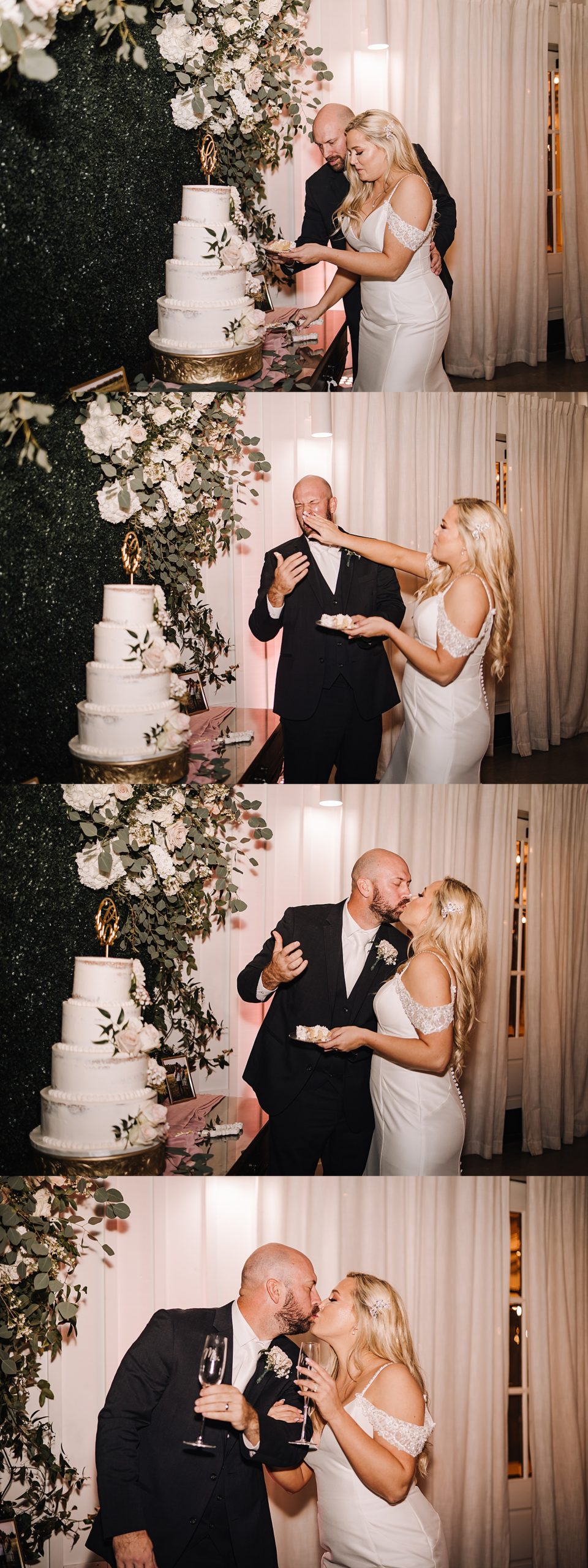 Bride and groom cut wedding cake and smash cake in each others faces 