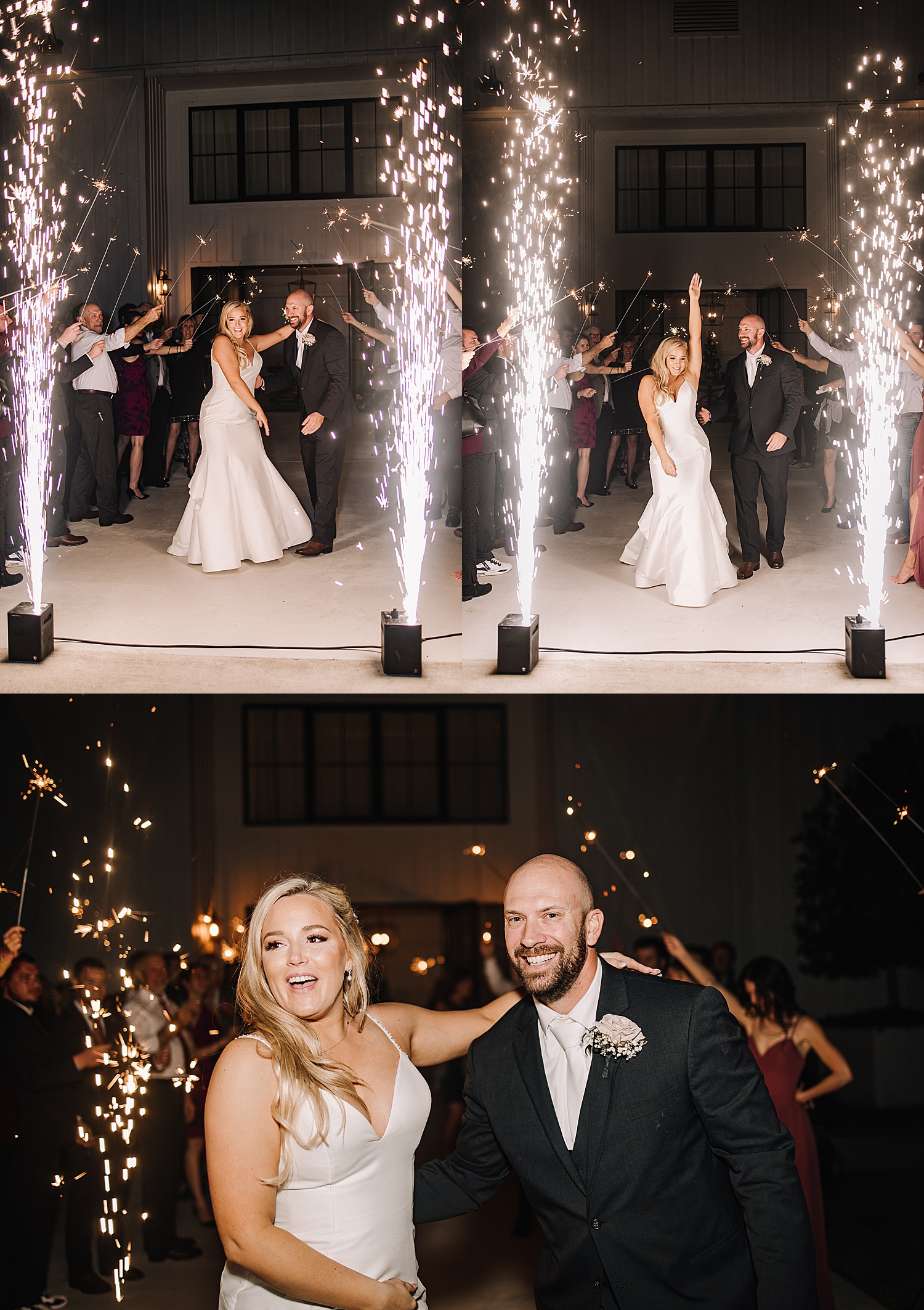 Grand Sparkler exit after wedding reception in front of Michigan wedding photographer 