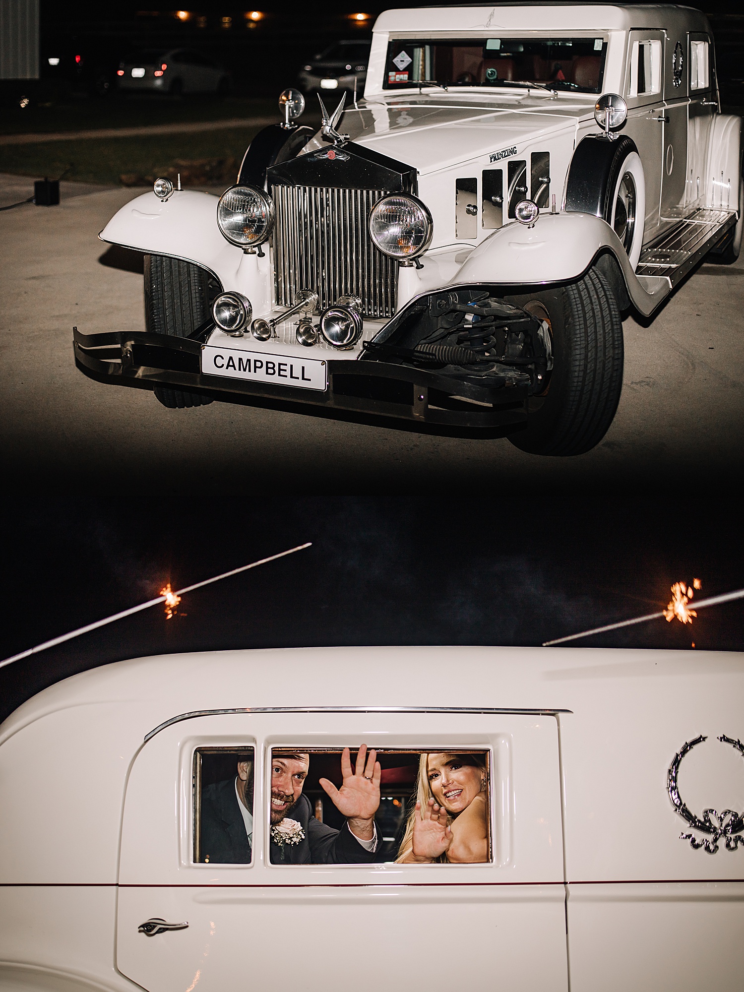 Bride and groom ride off in getaway car together at the end of wedding reception 