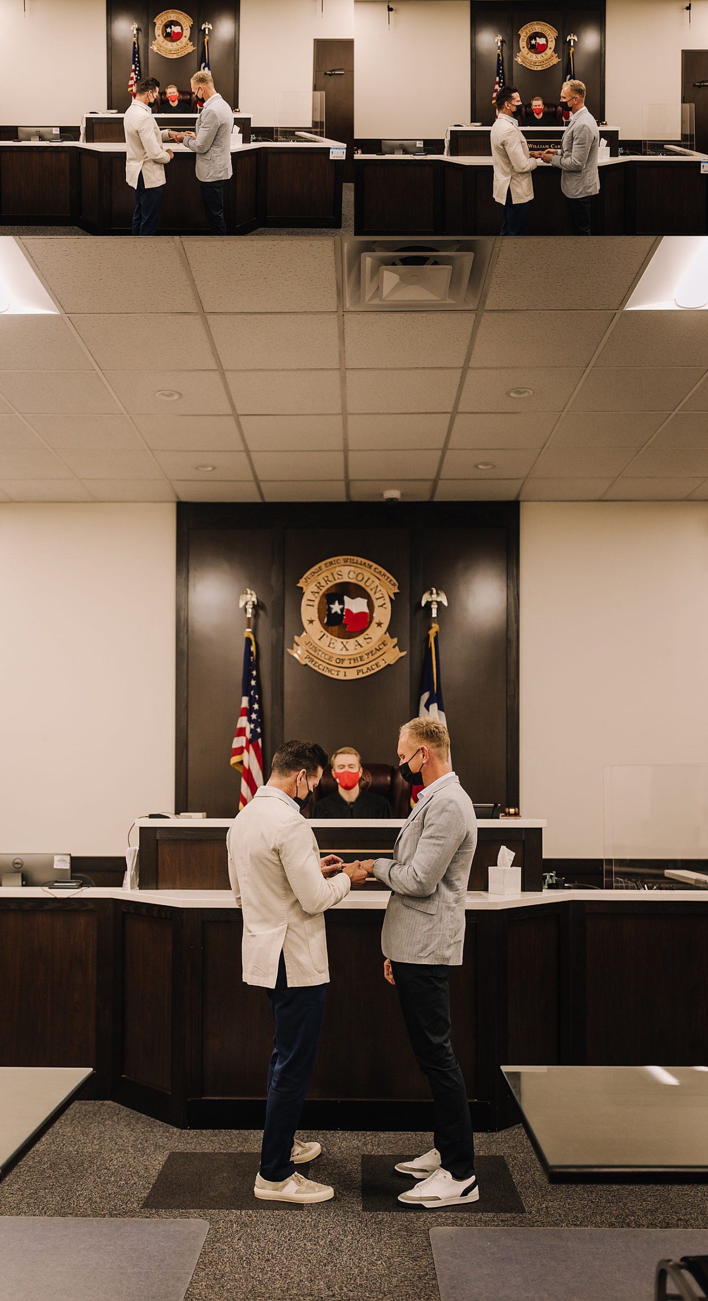 Almost married men exchange rings at intimate courthouse wedding in front of judge 