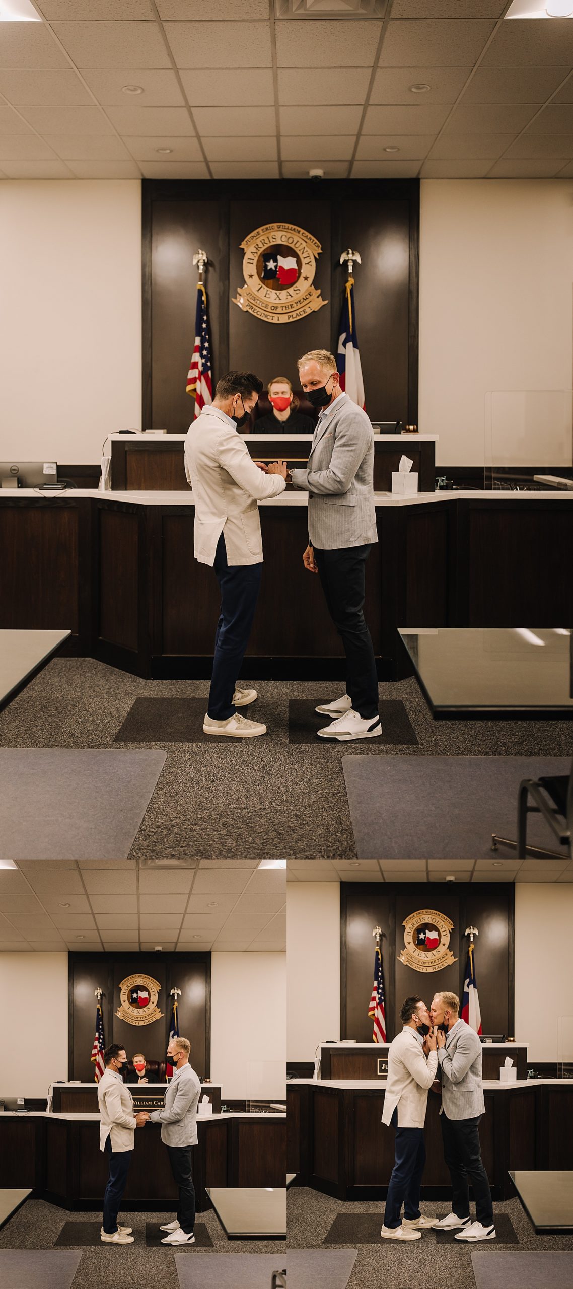 LGBTQ couple share first kiss at intimate courthouse wedding in front of Detroit wedding photographer