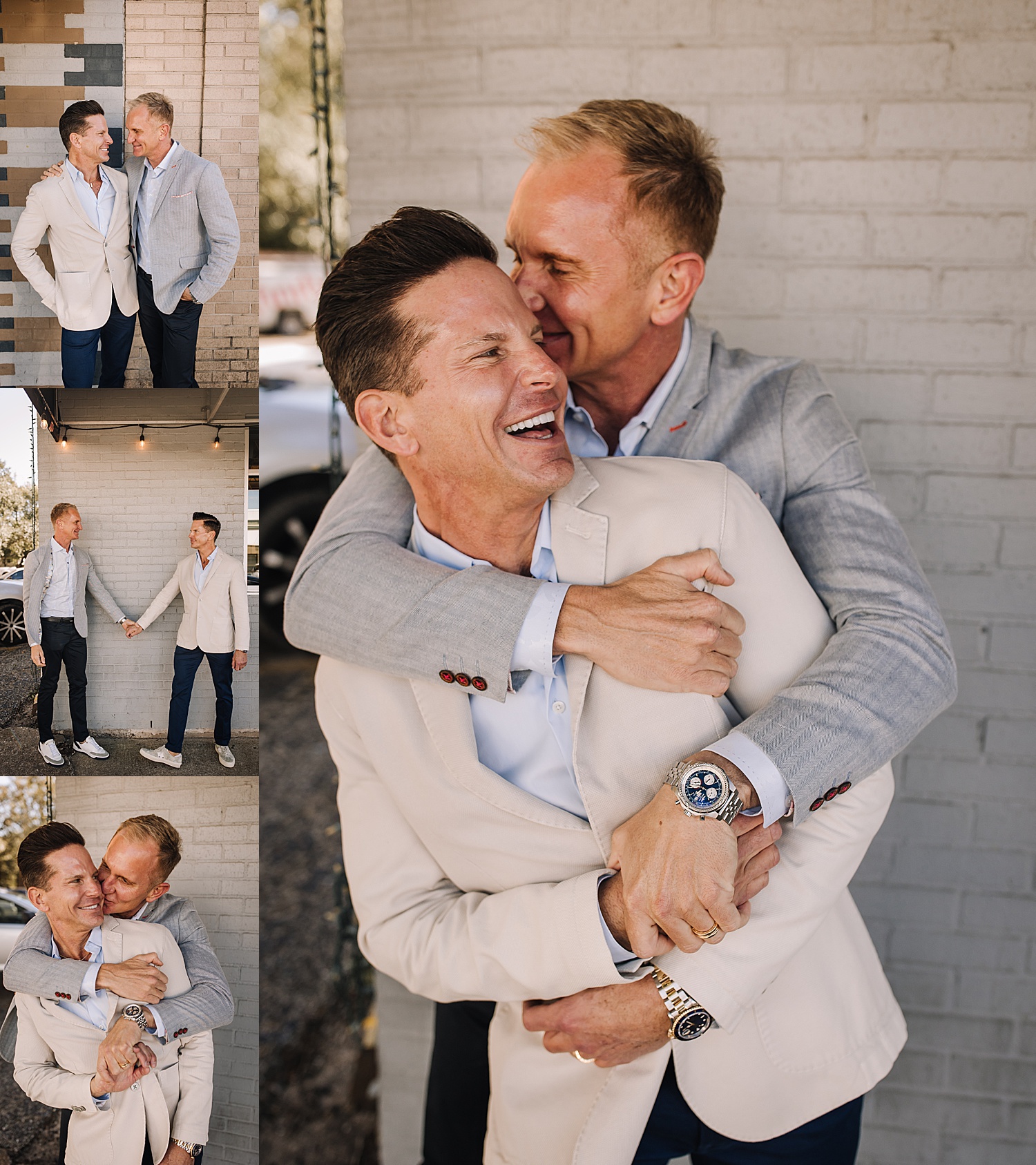 Newly married man pose in suits after intimate courthouse wedding with Detroit LGBTQ wedding photographer