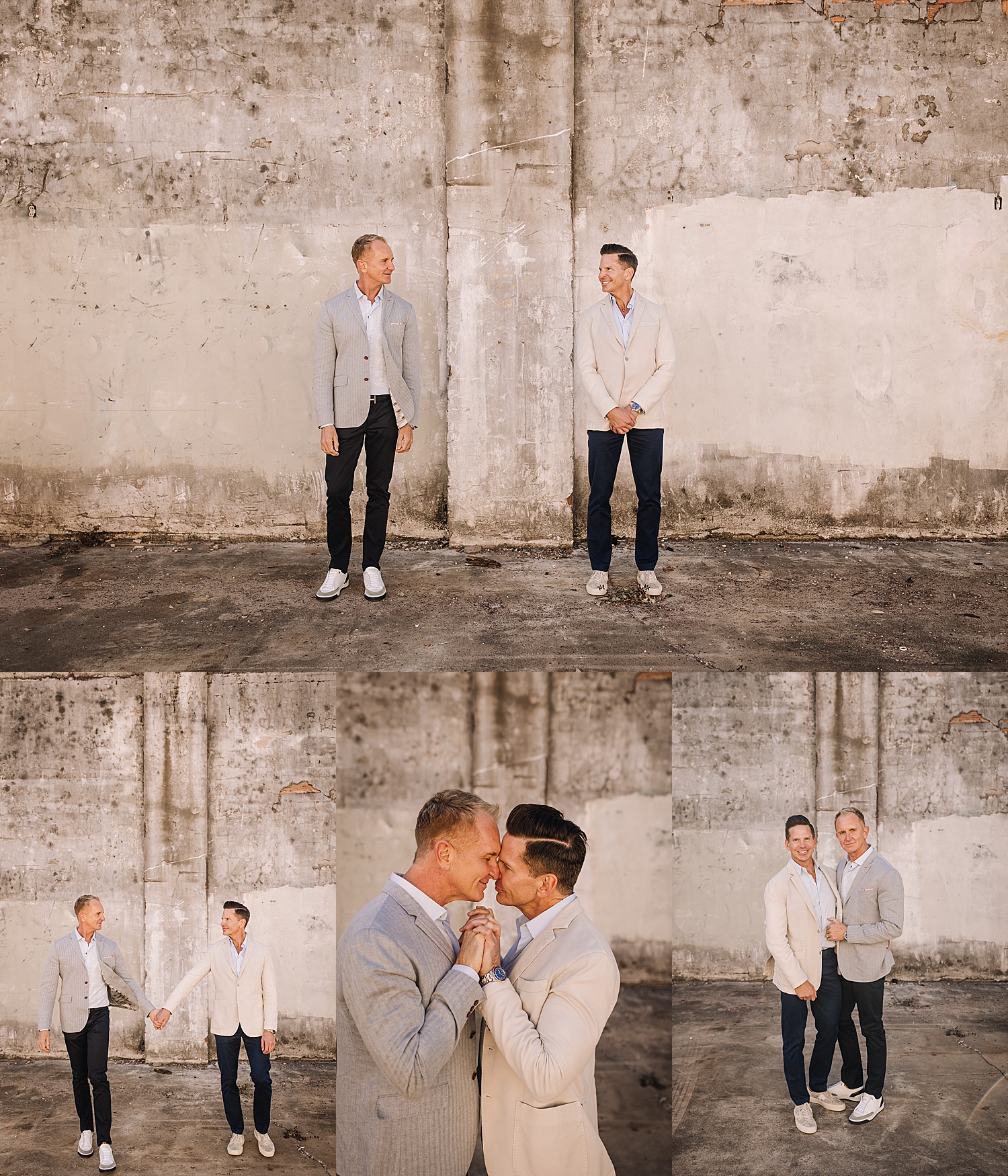 Newly married men get intimate while holding hands after intimate courthouse wedding
