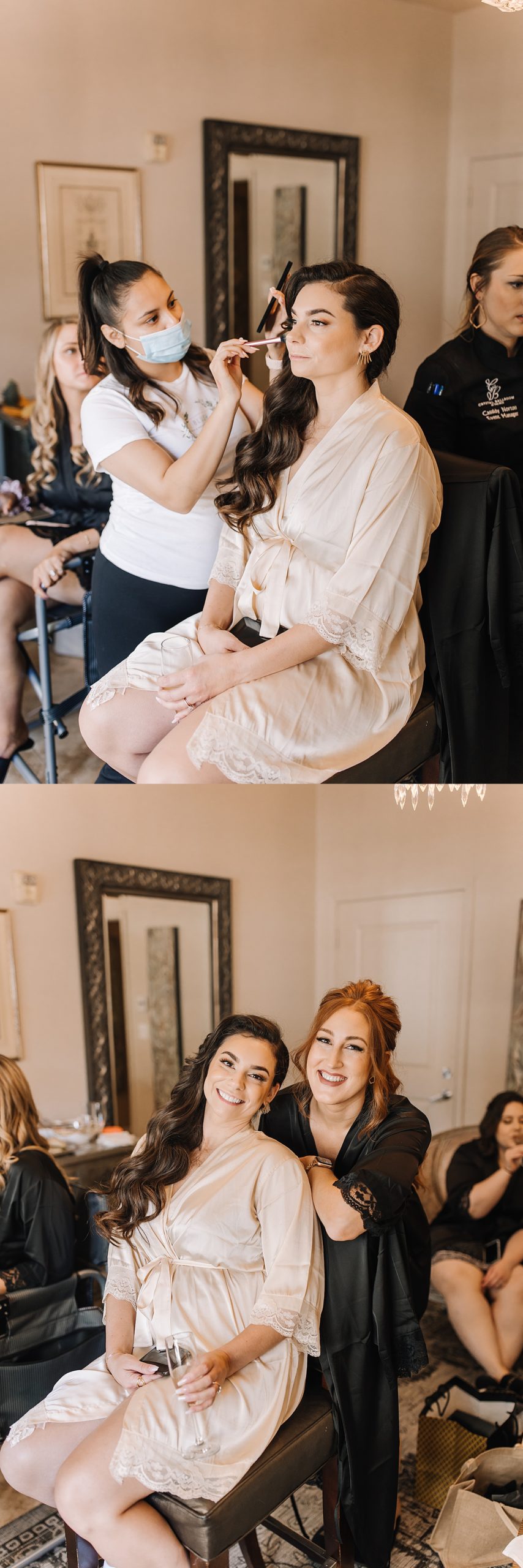 Bride getting ready with make up artists and bridesmaids