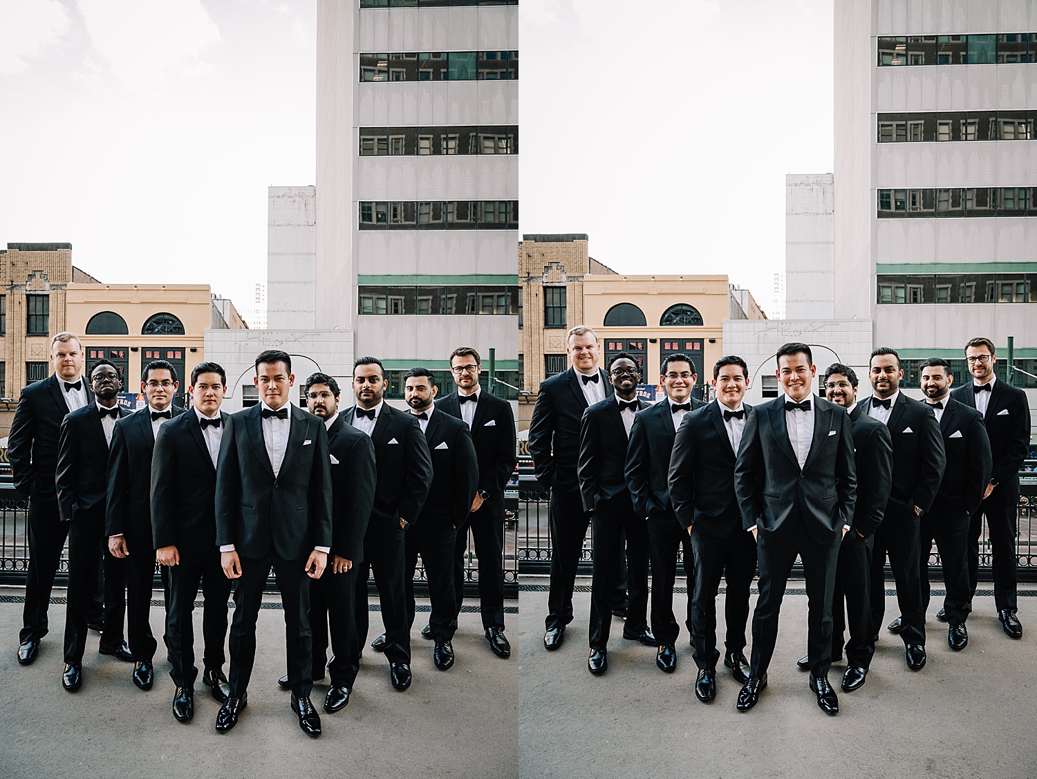 groomsmen wearing bowties and black dress shoes on wedding day at the rice