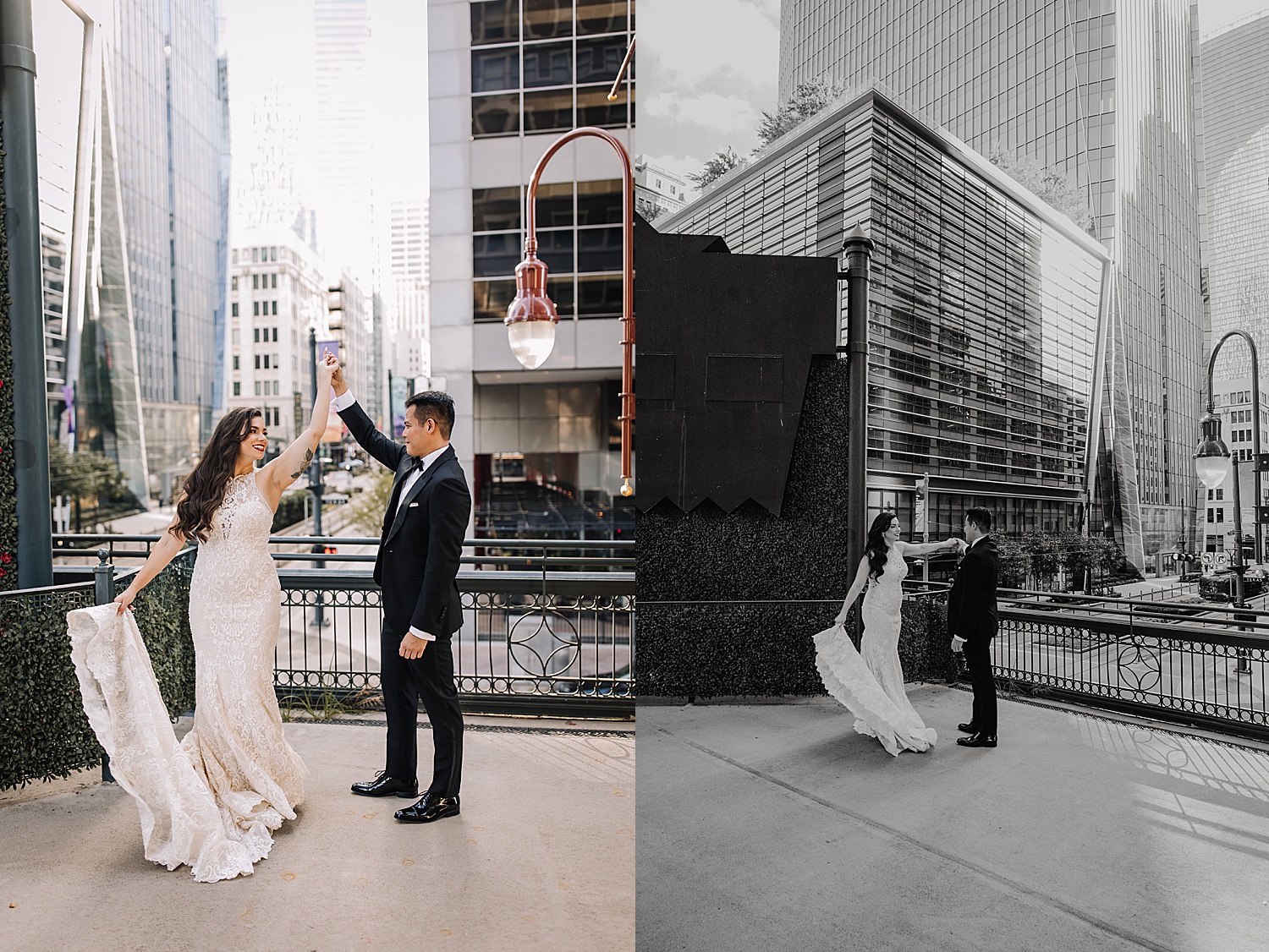 bride and groom pose on balcony for downtown Michigan wedding photographer 
