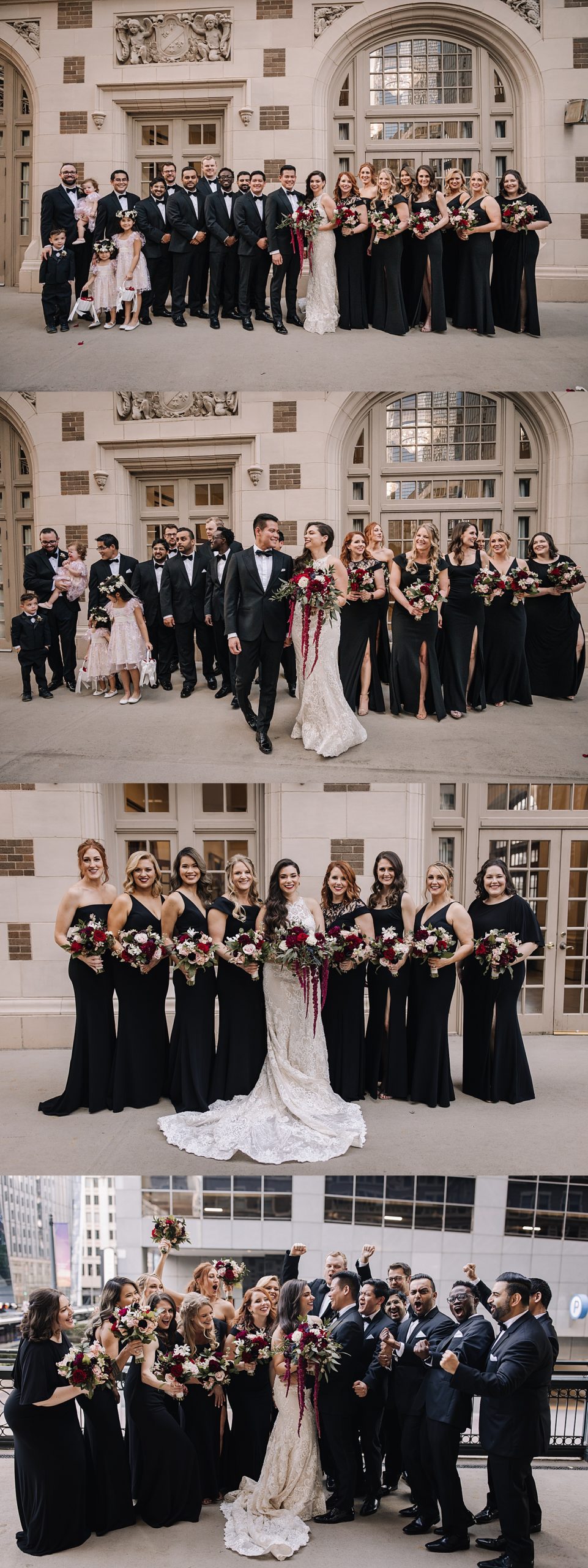 bridal party wearing black dresses and black suits standing outside the rice before wedding ceremony 