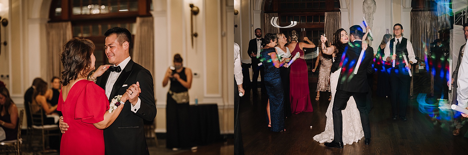first dance with mother of the groom at wedding reception with downtown Michigan wedding photographer 