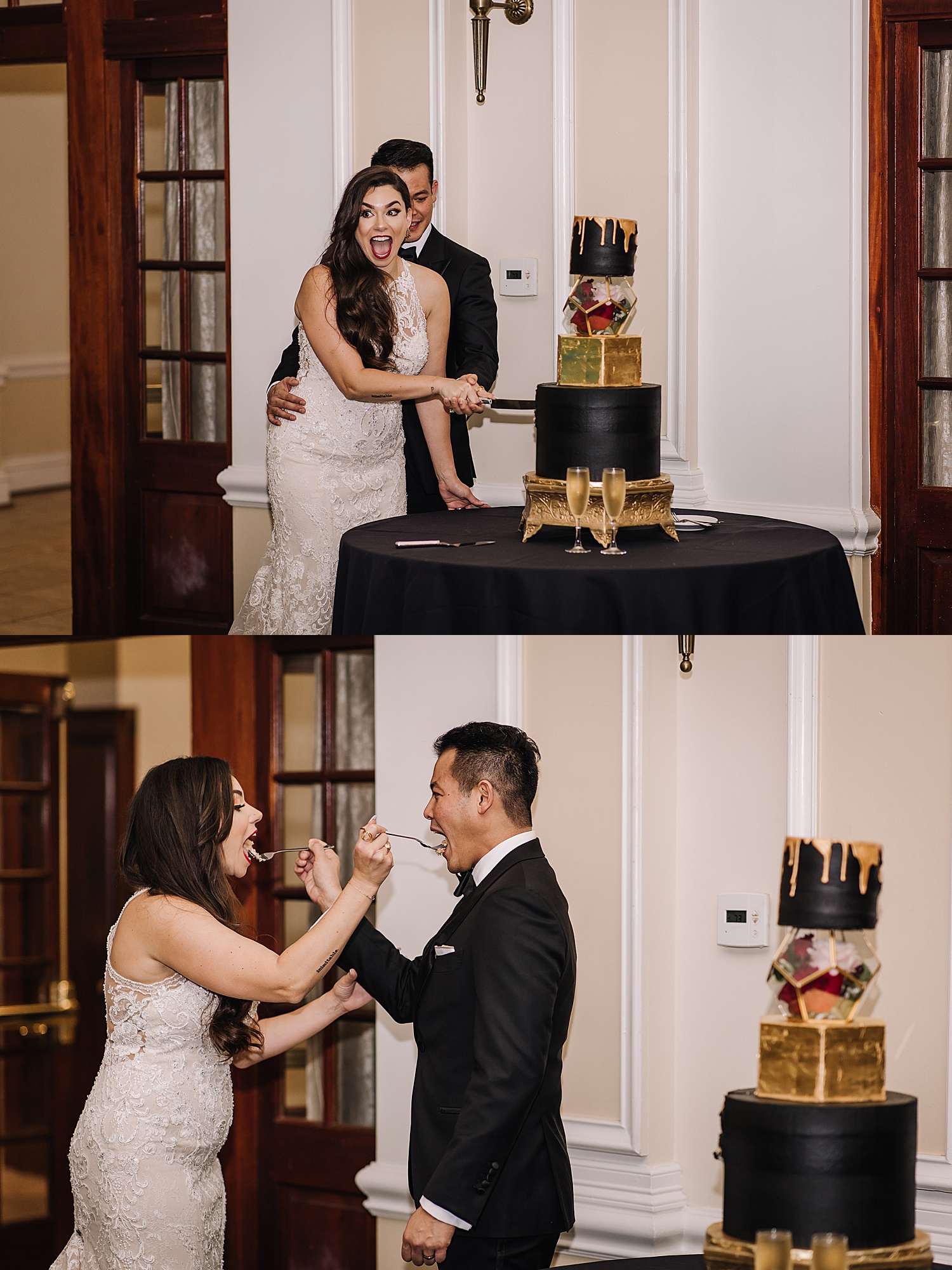 bride and groom cut wedding cake at wedding reception 