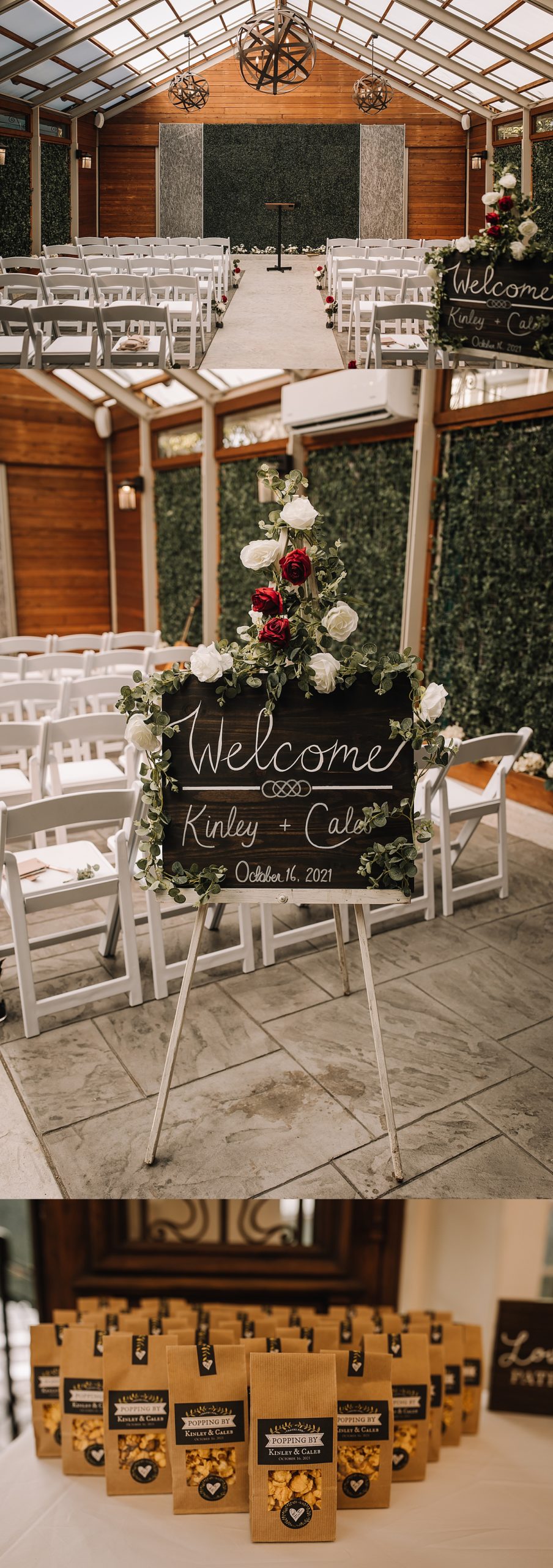 Ceremony details with welcome sign and wedding florals to decorate