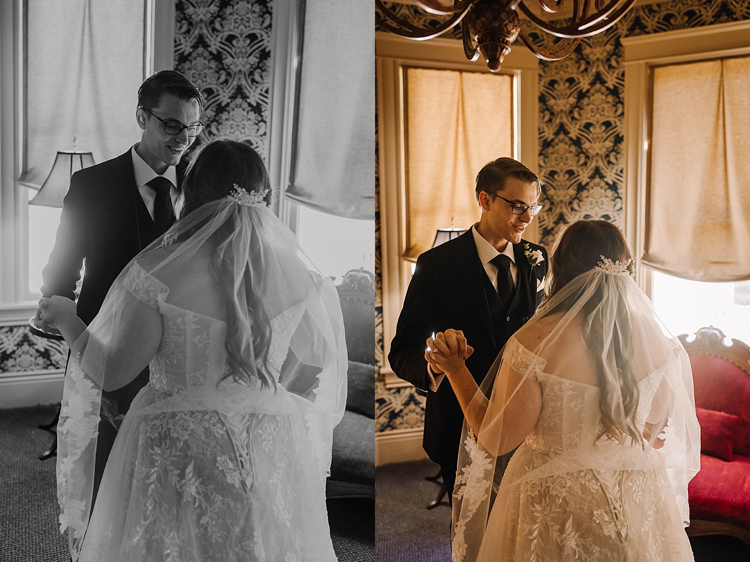 Bride and groom have private first look after getting ready on wedding day