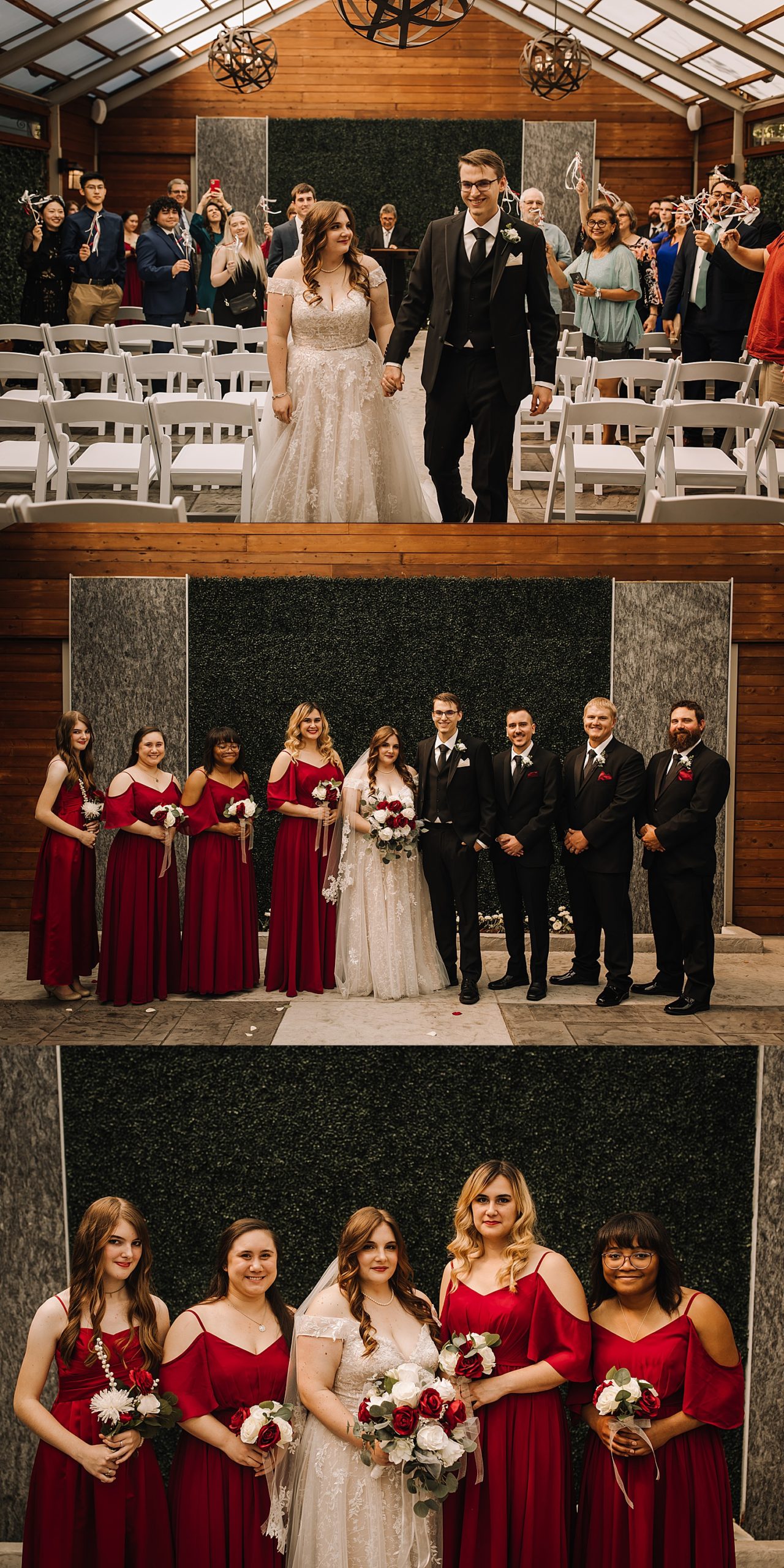 Bride and groom with wedding party wearing red accent colors