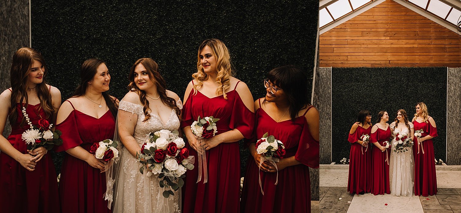 Bride and bridesmaids wearing white wedding dress and red bridesmaids dresses