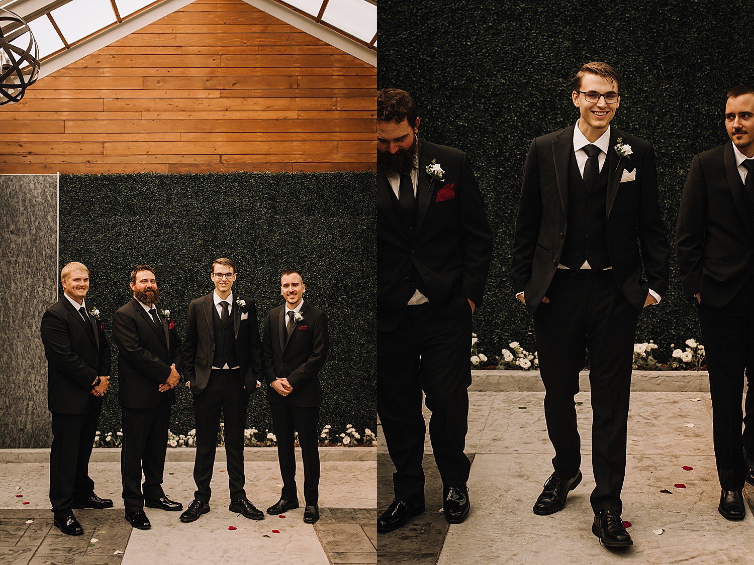 Groom and groomsmen wearing black tie attire with red accents