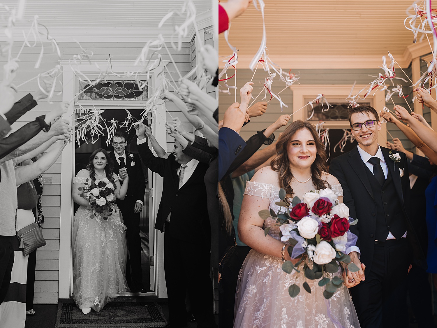 Newly married couple have streamer exit after wedding ceremony at historic House intimate wedding