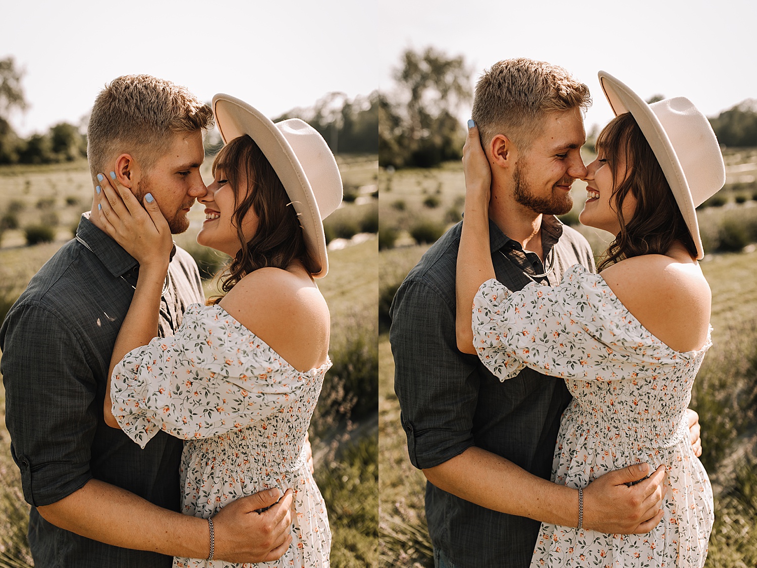 woman wearing floral off the shoulder dress and boho hat to couples session 