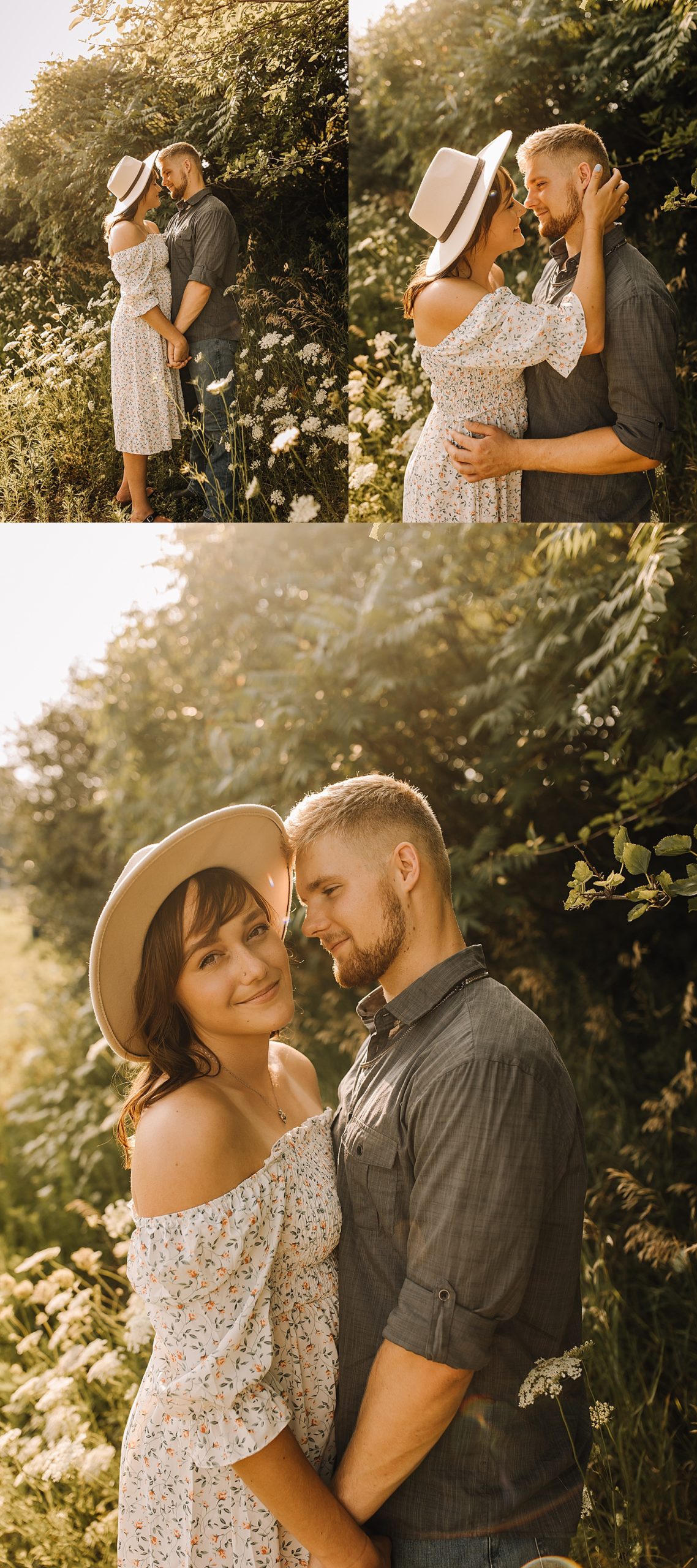 couple standing in flower field during sunset with Detroit couples photographer 