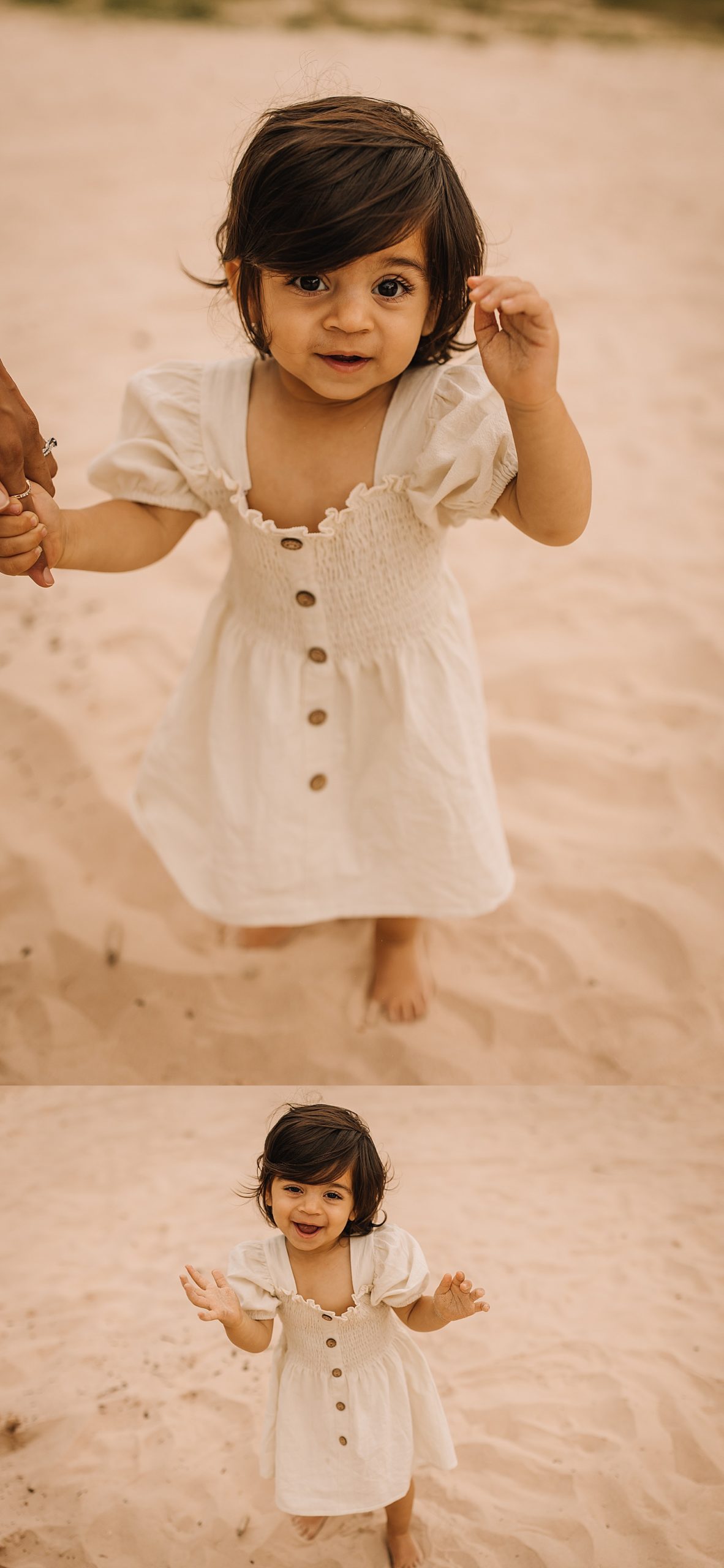 Daughter plays in sand during beach family session wearing button up dress
