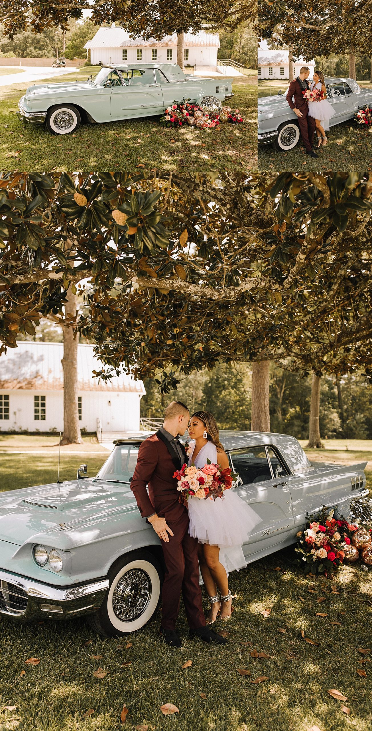 houston styled shoot with engaged couple wearing maroon suit and short white dress