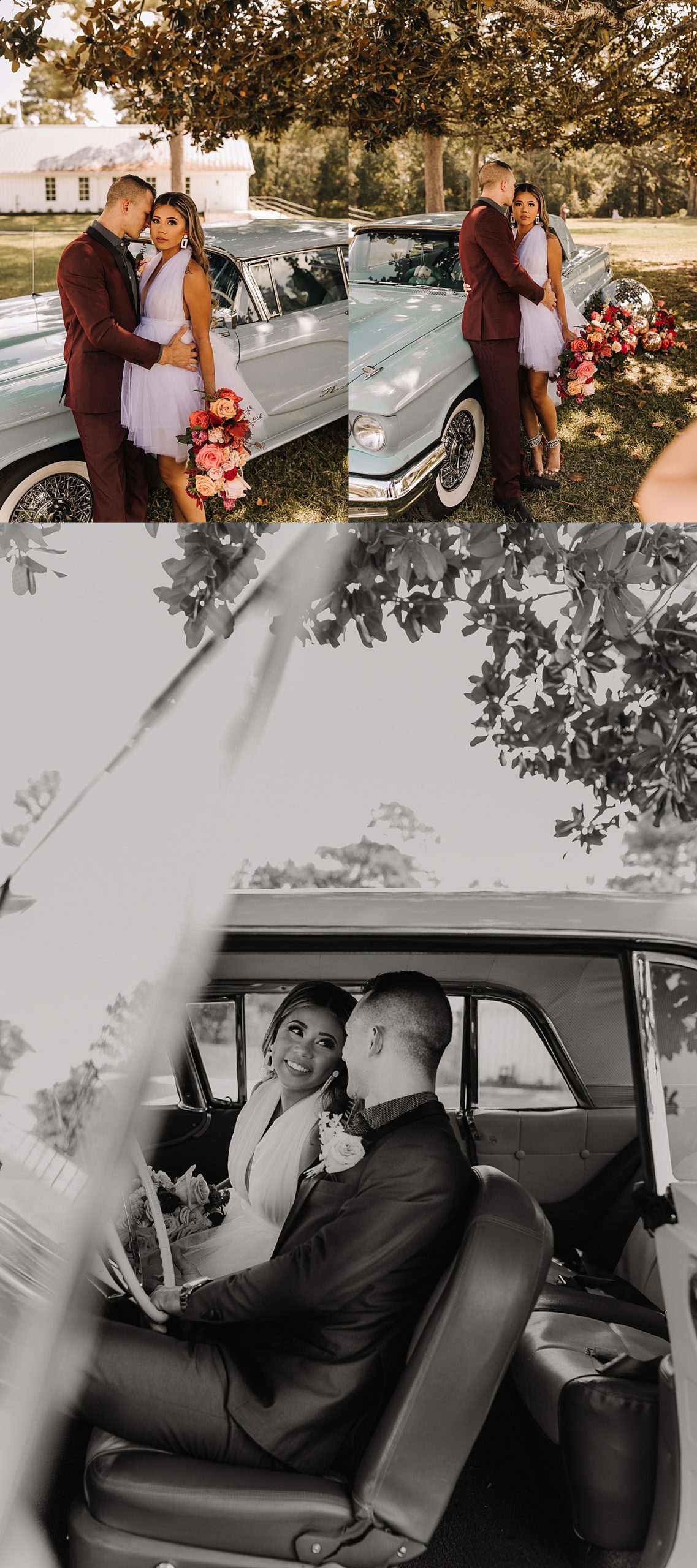 bride holding colorful bridal bouquet with fiancé wearing maroon suit standing in front of vintage car 